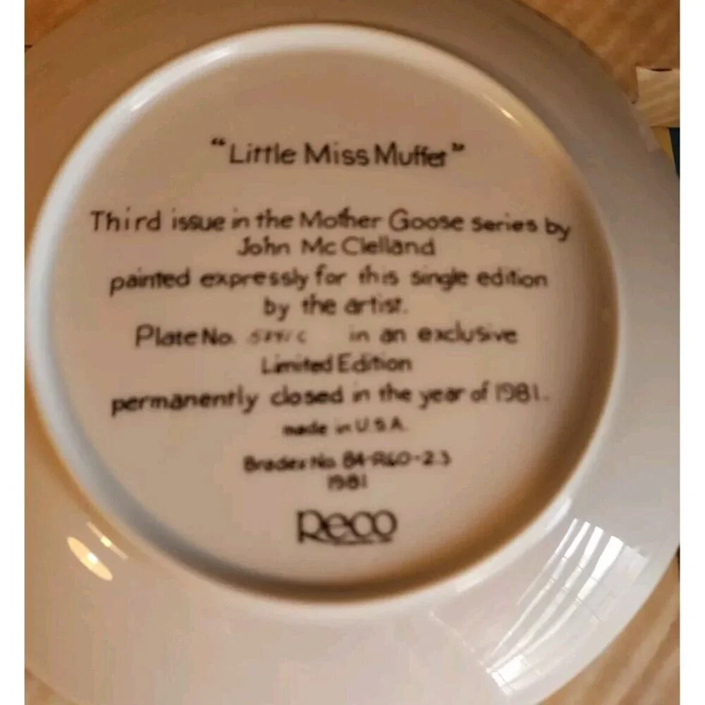 RECO 1981 Little Miss Muffet Plate Mother Goose John McClelland 3rd with COA